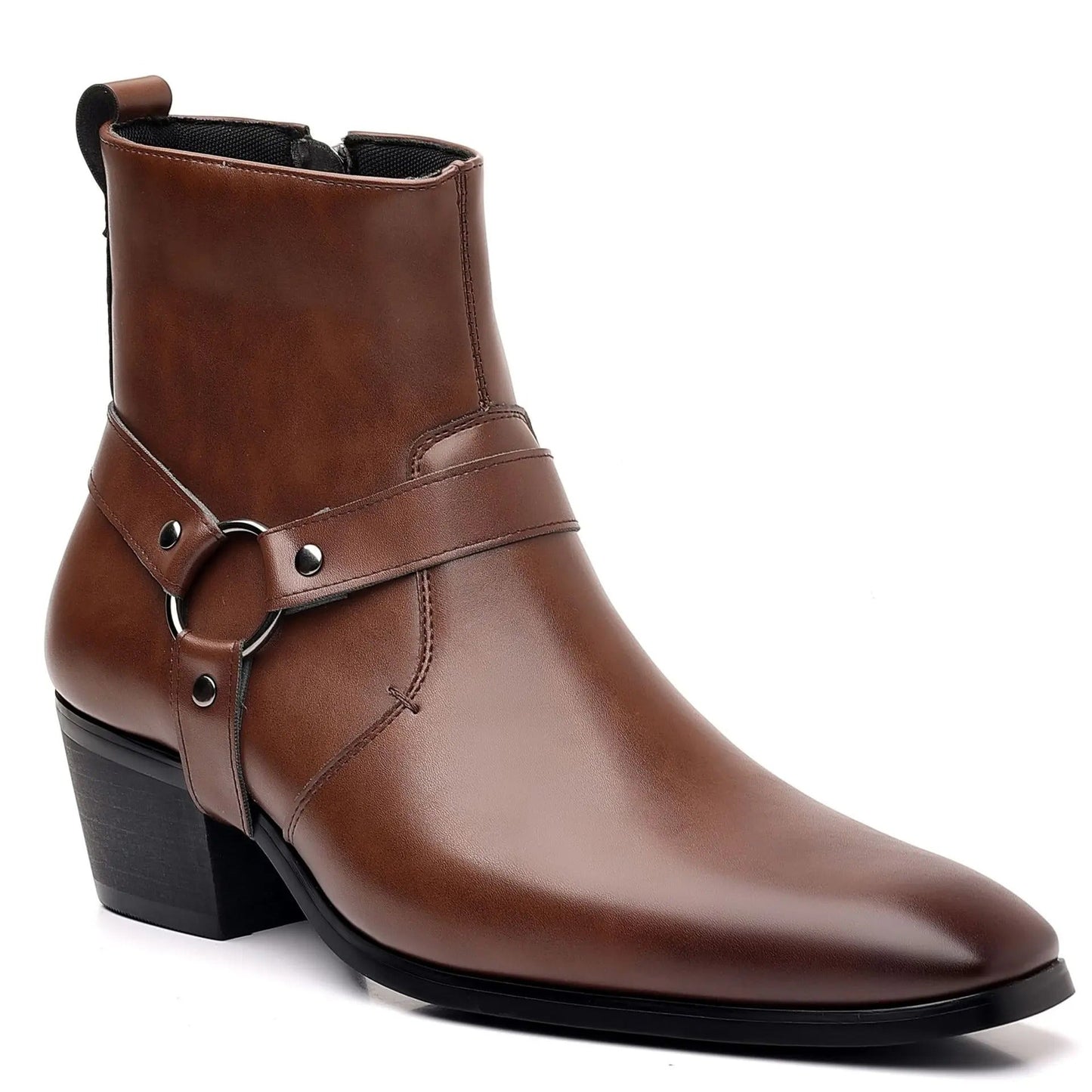 Brown leather men's ankle boots with harness strap detail, silver ring hardware, block heel, and pointed toe