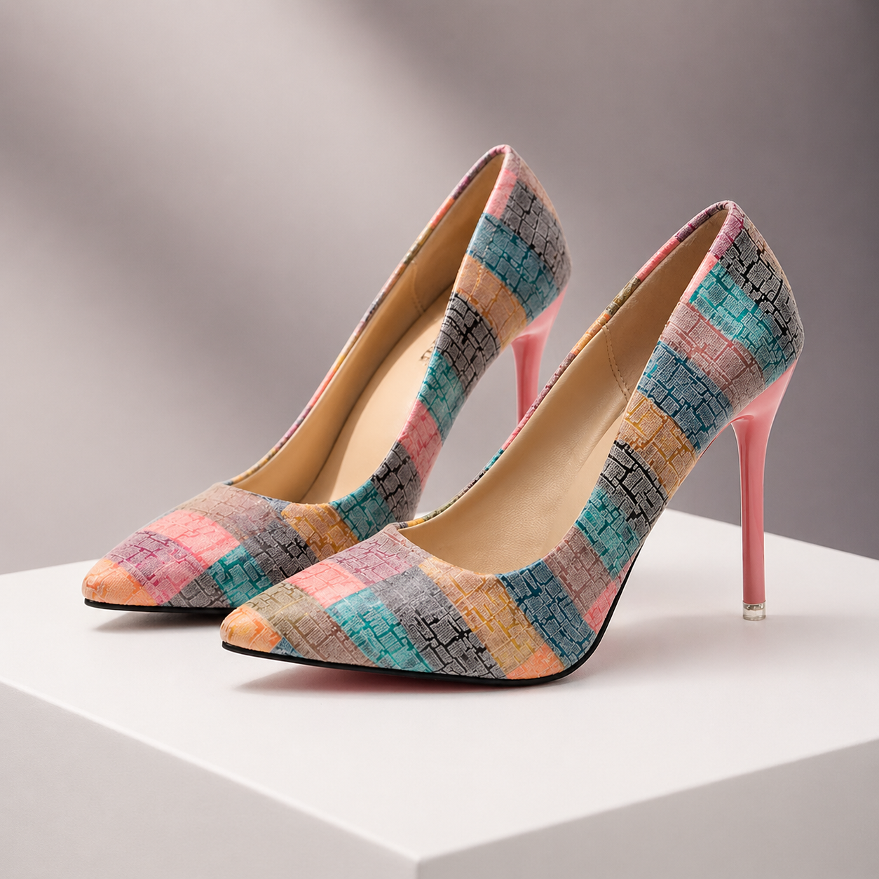 Women's pointed-toe stiletto heels in multicolor patchwork pattern with pink heel, displayed on white platform.