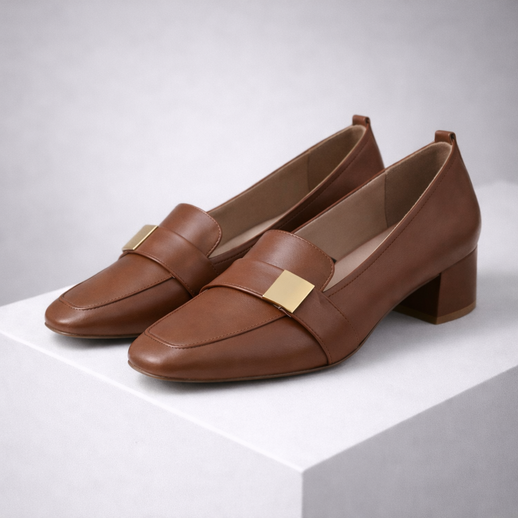 Brown Italian leather block heel loafers with gold hardware and orthopedic footbed for women
