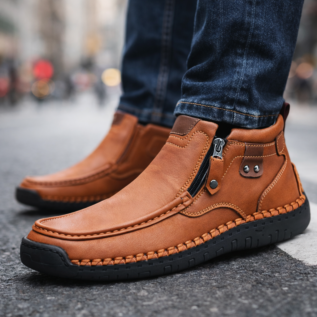 Men's brown leather ankle boots with side zipper and hand-stitched sole worn with blue jeans on city street