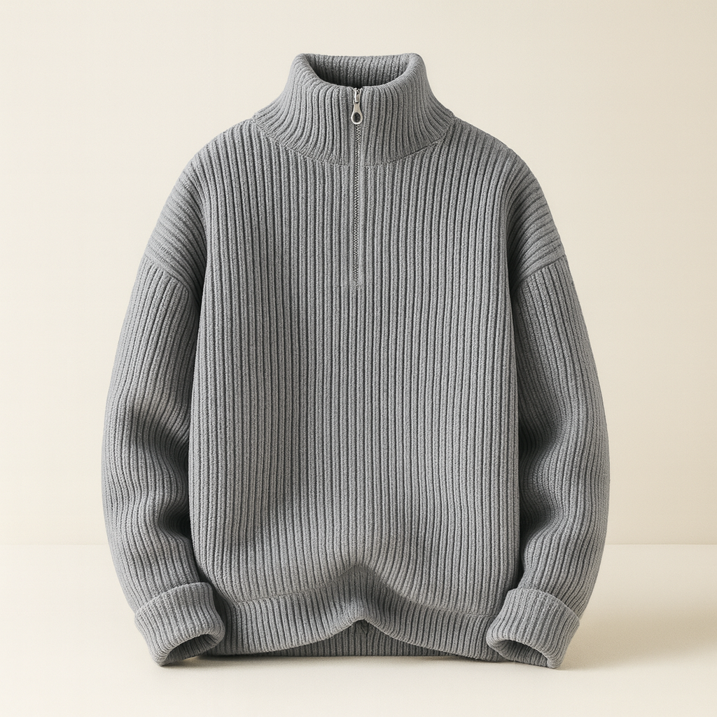 Gray men's wool quarter-zip ribbed sweater with mock turtleneck collar and long sleeves, displayed flat on neutral background.