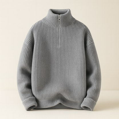 Gray men's wool quarter-zip ribbed sweater with mock turtleneck collar and long sleeves, displayed flat on neutral background.