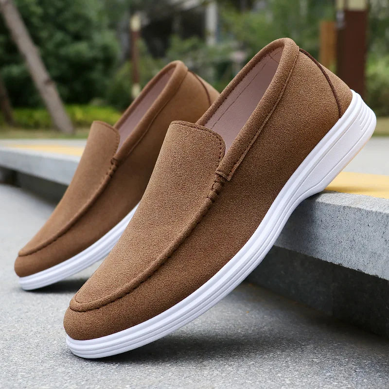Men's brown suede slip-on loafers with white rubber sole casual shoes