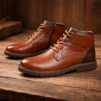 Men's brown leather lace-up ankle boots with rugged sole on wooden surface