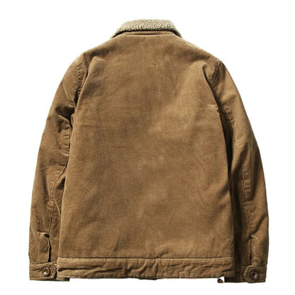 Back view of men's tan corduroy jacket with sherpa collar lining and button cuffs on white background