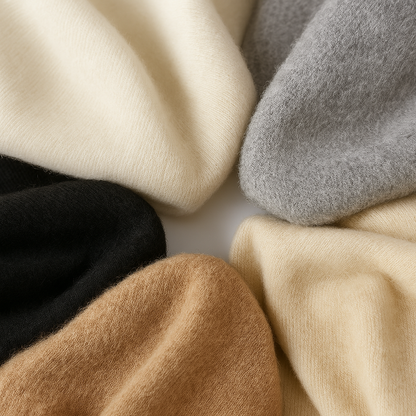 Five folded cashmere knit fabrics in cream, gray, black, camel, and beige showcasing soft texture and color options.