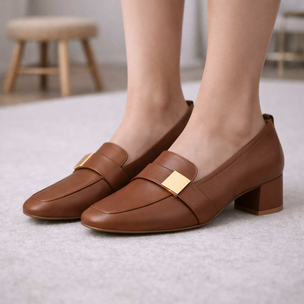 Women's brown Italian leather block heel loafers with gold hardware detail and orthopedic footbed, shown on model.