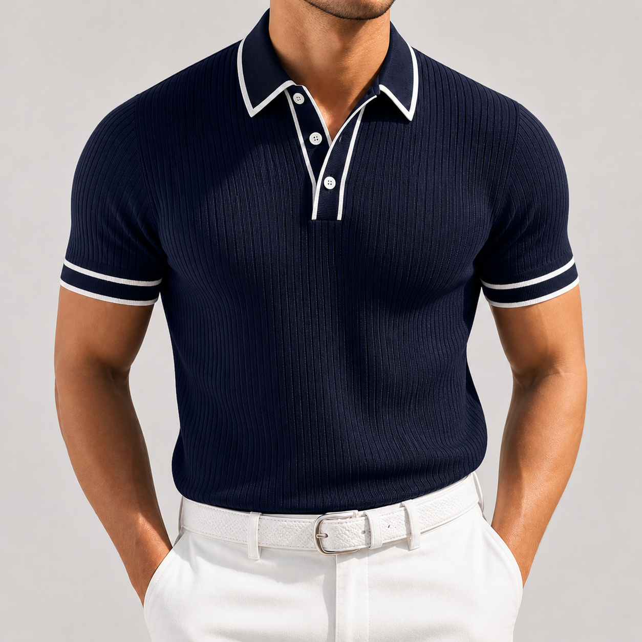 Navy blue ribbed knit polo shirt with white contrast trim on collar and sleeves for men