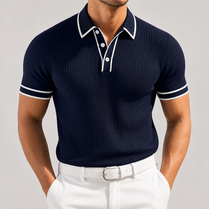 Navy blue ribbed knit polo shirt with white contrast trim on collar and sleeves for men