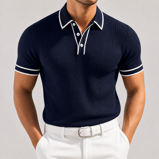 Navy blue ribbed knit polo shirt with white contrast trim on collar and sleeves for men