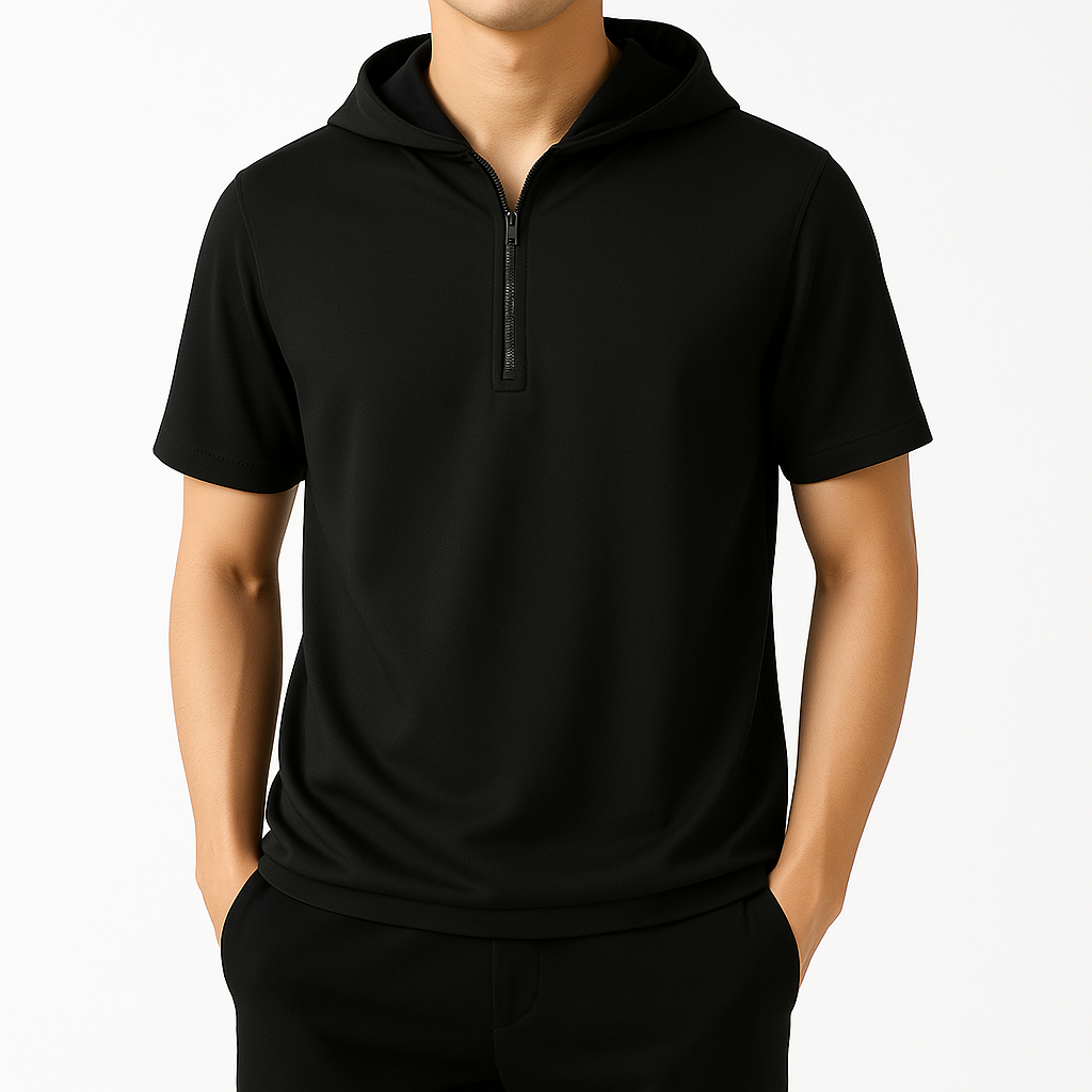 Black short sleeve hooded shirt with half-zip closure for men in relaxed fit style
