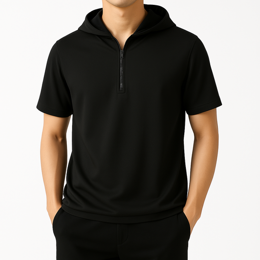 Black short sleeve hooded shirt with half-zip closure for men in relaxed fit style