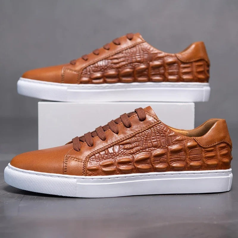Men's brown leather sneakers with crocodile embossed texture and white sole, lace-up casual shoes