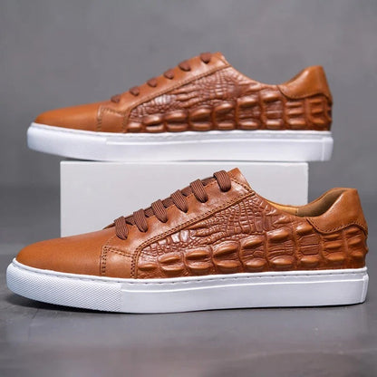 Men's brown leather sneakers with crocodile embossed texture and white sole, lace-up casual shoes