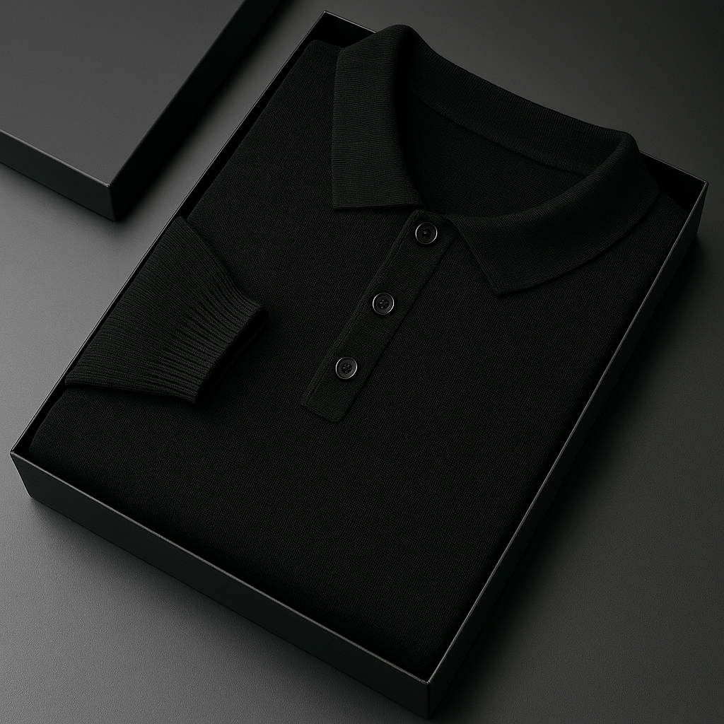 Black merino wool long sleeve men's polo sweater with three buttons and ribbed cuffs, neatly folded in a black gift box.