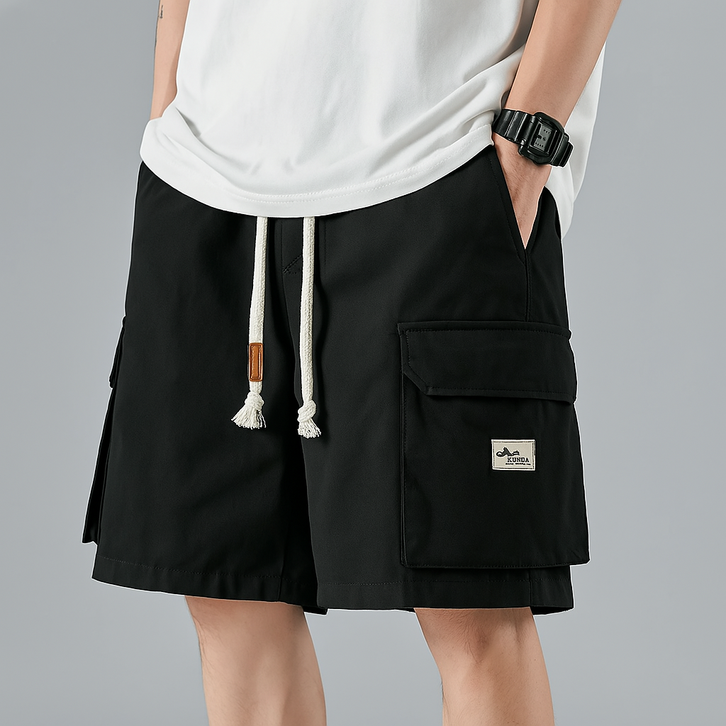 Black cargo shorts men with drawstring waist utility pockets casual streetwear summer athletic wear