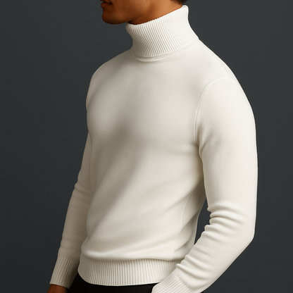 Man wearing a slim-fit ivory merino wool turtleneck sweater with ribbed cuffs and hem, side profile view.