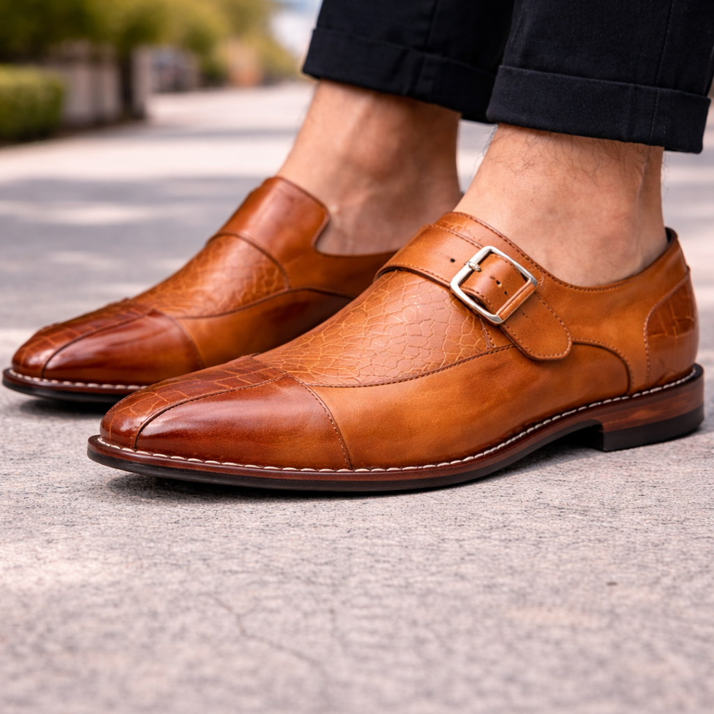 Brown leather monk strap dress shoes with silver buckle detail for men, textured cap toe design