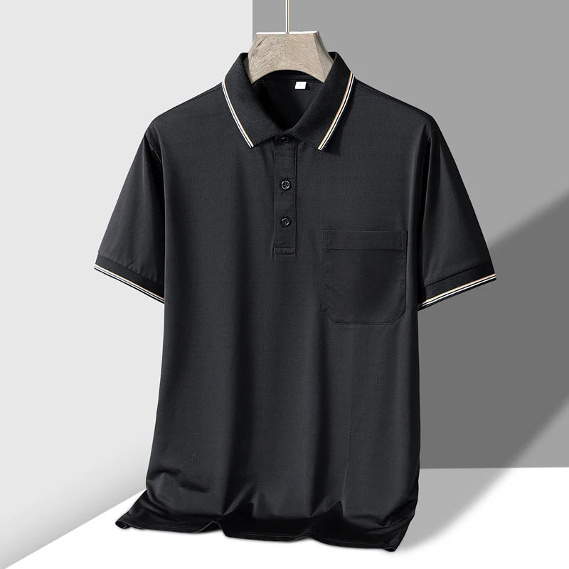 Black men's short sleeve knit polo shirt with chest pocket, contrast stripe collar and cuffs, three-button placket.