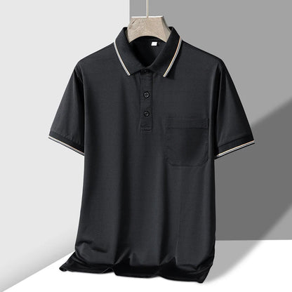 Black men's short sleeve knit polo shirt with chest pocket, contrast stripe collar and cuffs, three-button placket.