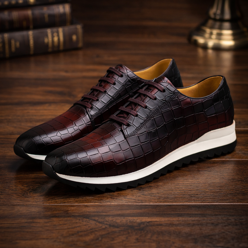 Burgundy croc-embossed leather men's lace-up sneakers with white rubber sole on dark wood surface