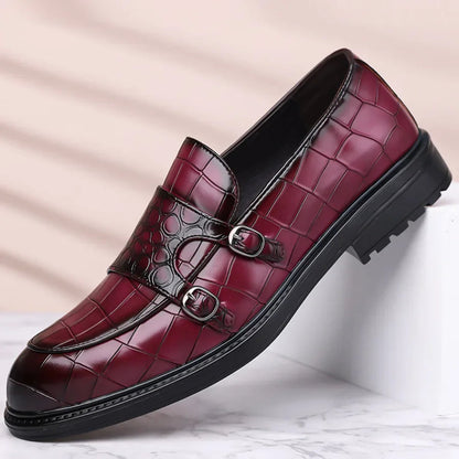 Burgundy croc-embossed leather double monk strap loafers with chunky black sole and silver buckles