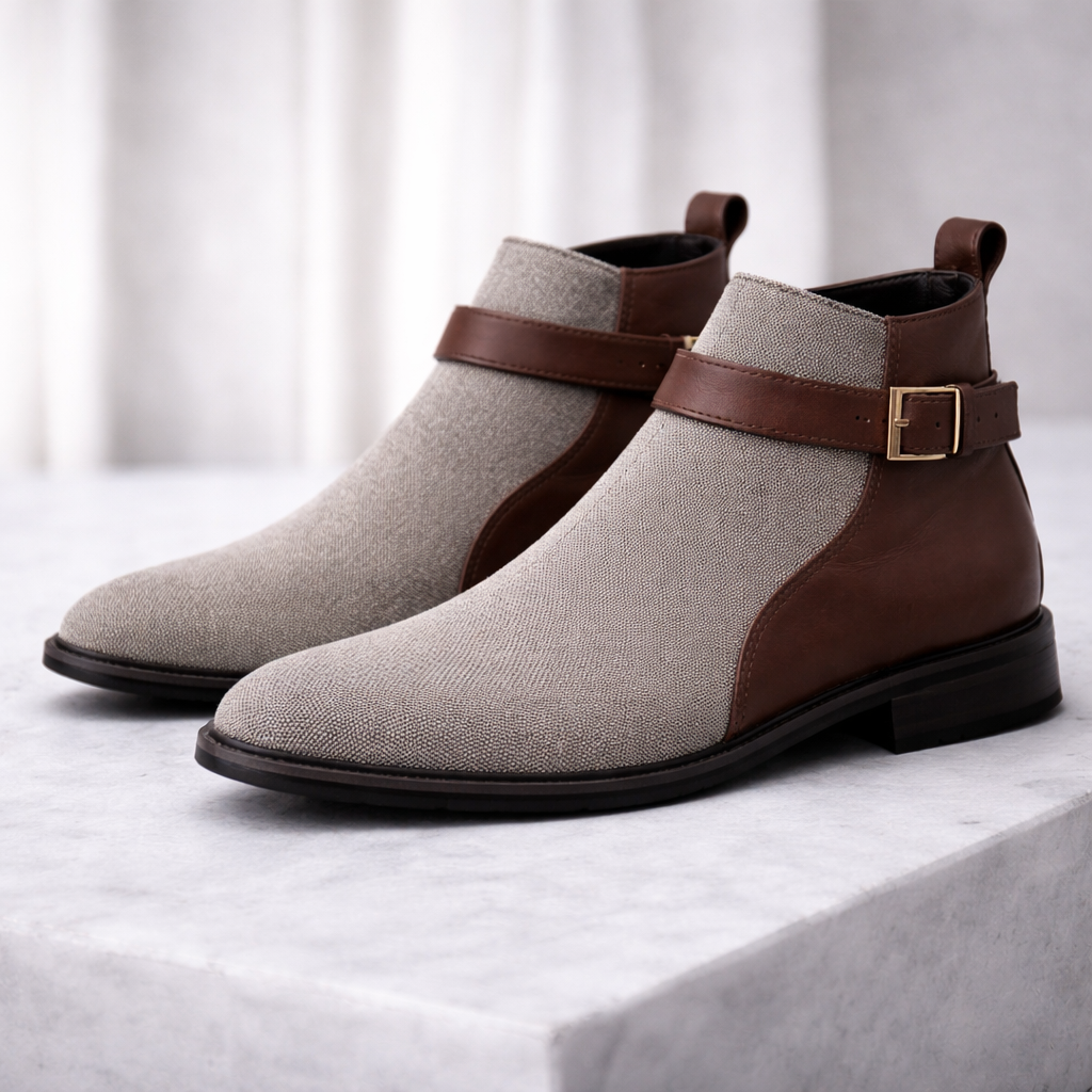 Men's two-tone Chelsea boots in beige textile and brown leather with gold buckle strap detail, displayed on marble surface.