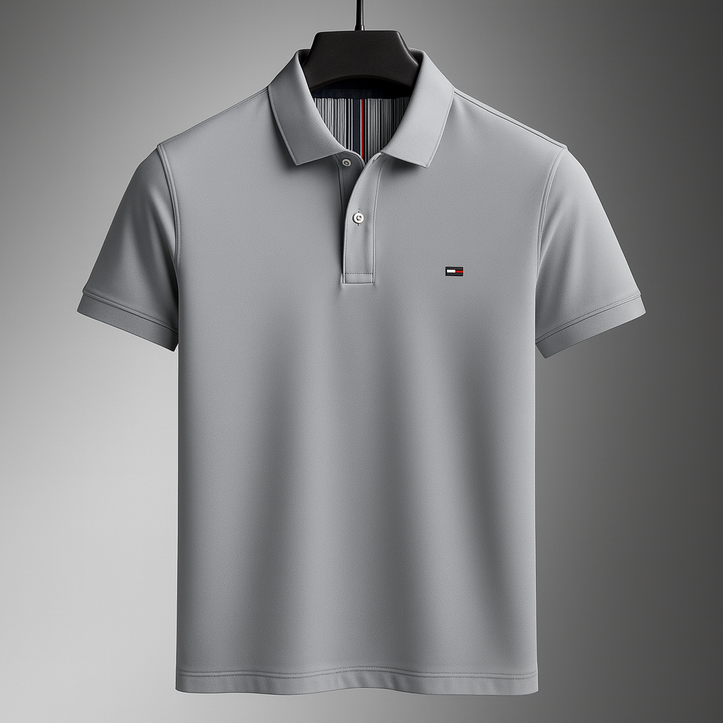 Gray men's cotton polo shirt with collar, short sleeves, button placket, and small logo on chest, displayed on hanger.