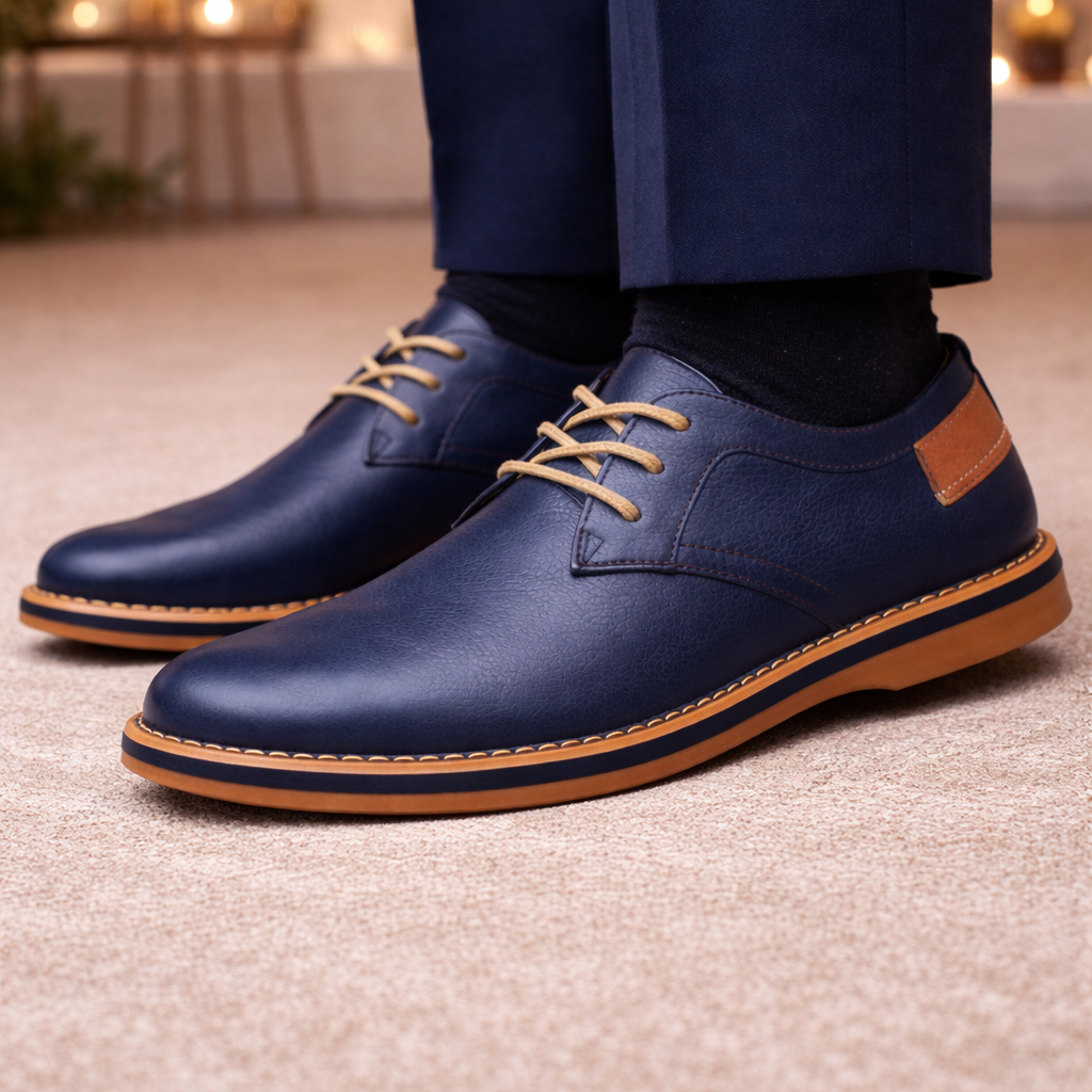 Navy blue leather lace-up dress shoes with tan sole and contrast heel tab, worn with navy trousers and dark socks.