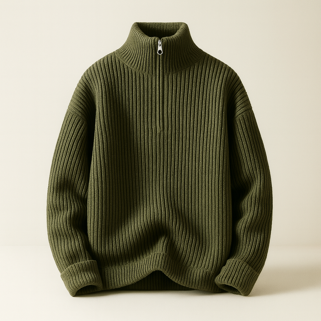 Olive green men's wool quarter-zip ribbed knit sweater with high collar, relaxed fit, and silver zipper pull.