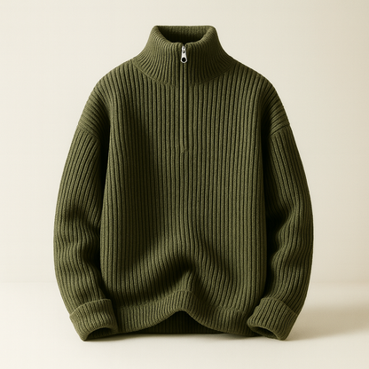 Olive green men's wool quarter-zip ribbed knit sweater with high collar, relaxed fit, and silver zipper pull.