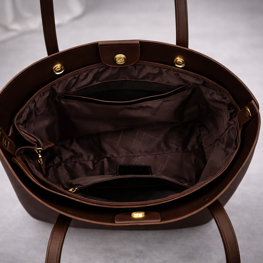 Interior view of brown leather tote bag showing quilted lining, interior pockets, zipper compartment, and gold hardware details.