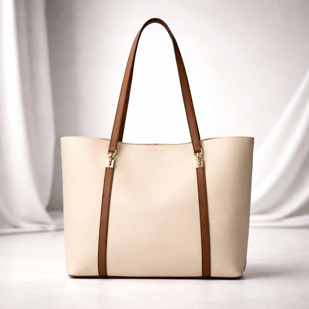 Women's cream beige leather tote bag with brown straps and gold hardware against white background