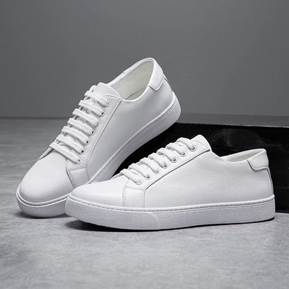 White leather lace-up sneakers for men with flat sole, displayed in pairs against gray background and black box