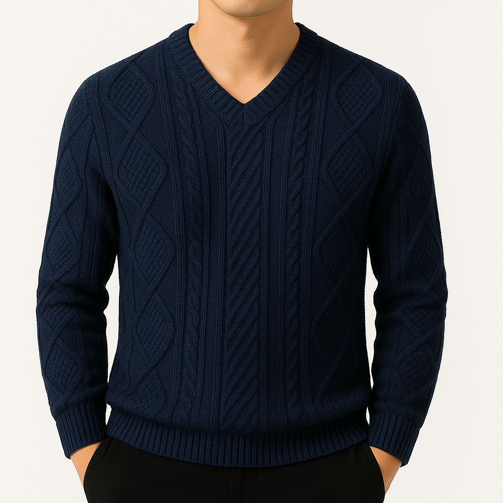 Navy blue cable knit v-neck wool sweater for men with textured pattern and ribbed trim