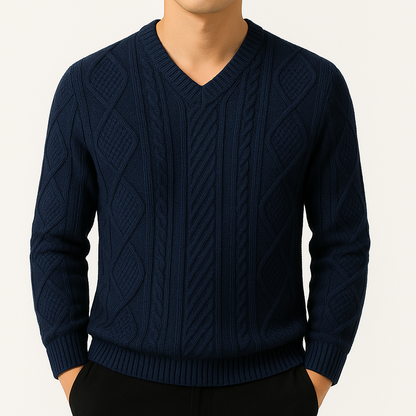 Navy blue cable knit v-neck wool sweater for men with textured pattern and ribbed trim