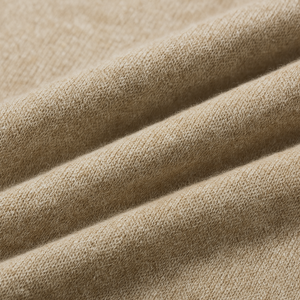 Close-up of soft beige merino wool fabric showing fine knit texture with gentle folds and natural drape
