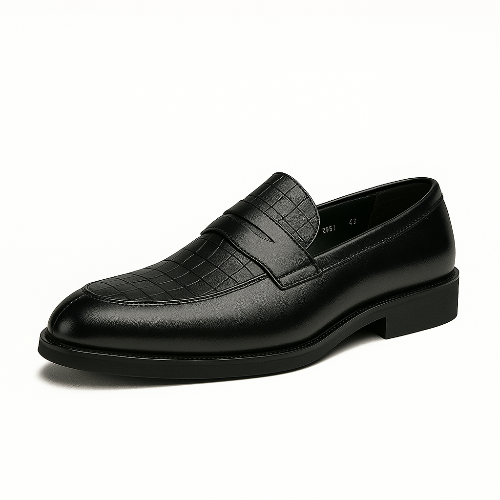 Black men's penny loafers with croc-embossed vamp and strap, smooth leather toe cap, low heel, slip-on style.