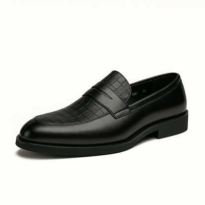 Black men's penny loafers with croc-embossed vamp and strap, smooth leather toe cap, low heel, slip-on style.