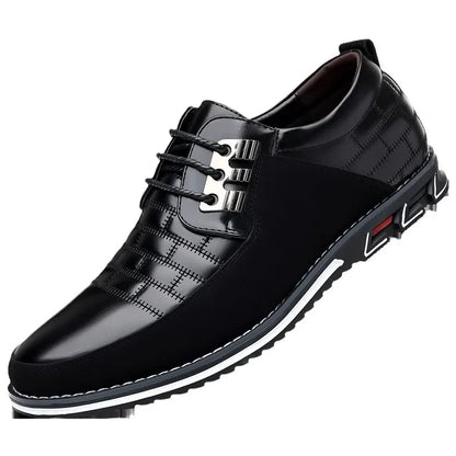 Black men's leather lace-up derby dress shoes with quilted stitching detail and white contrast sole