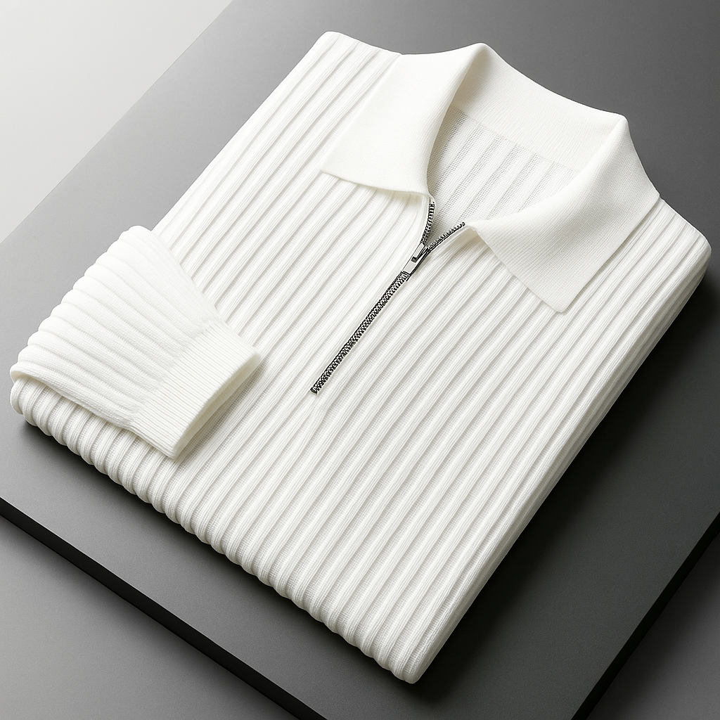 White ribbed cotton quarter-zip sweater for men folded on gray surface showing textured knit and collar detail