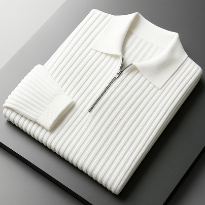 White ribbed cotton quarter-zip sweater for men folded on gray surface showing textured knit and collar detail