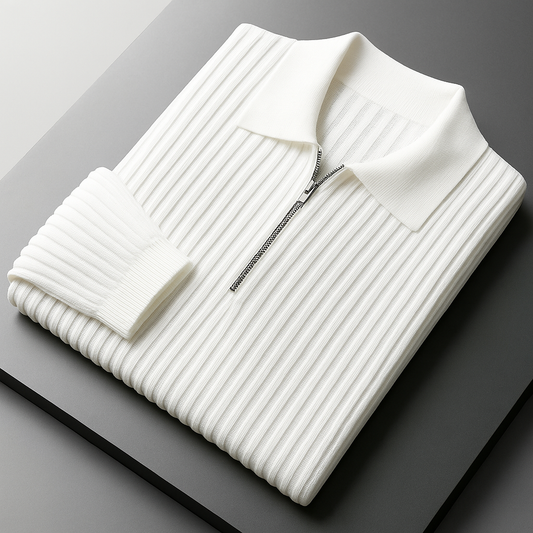 White ribbed cotton quarter-zip sweater for men folded on gray surface showing textured knit and collar detail