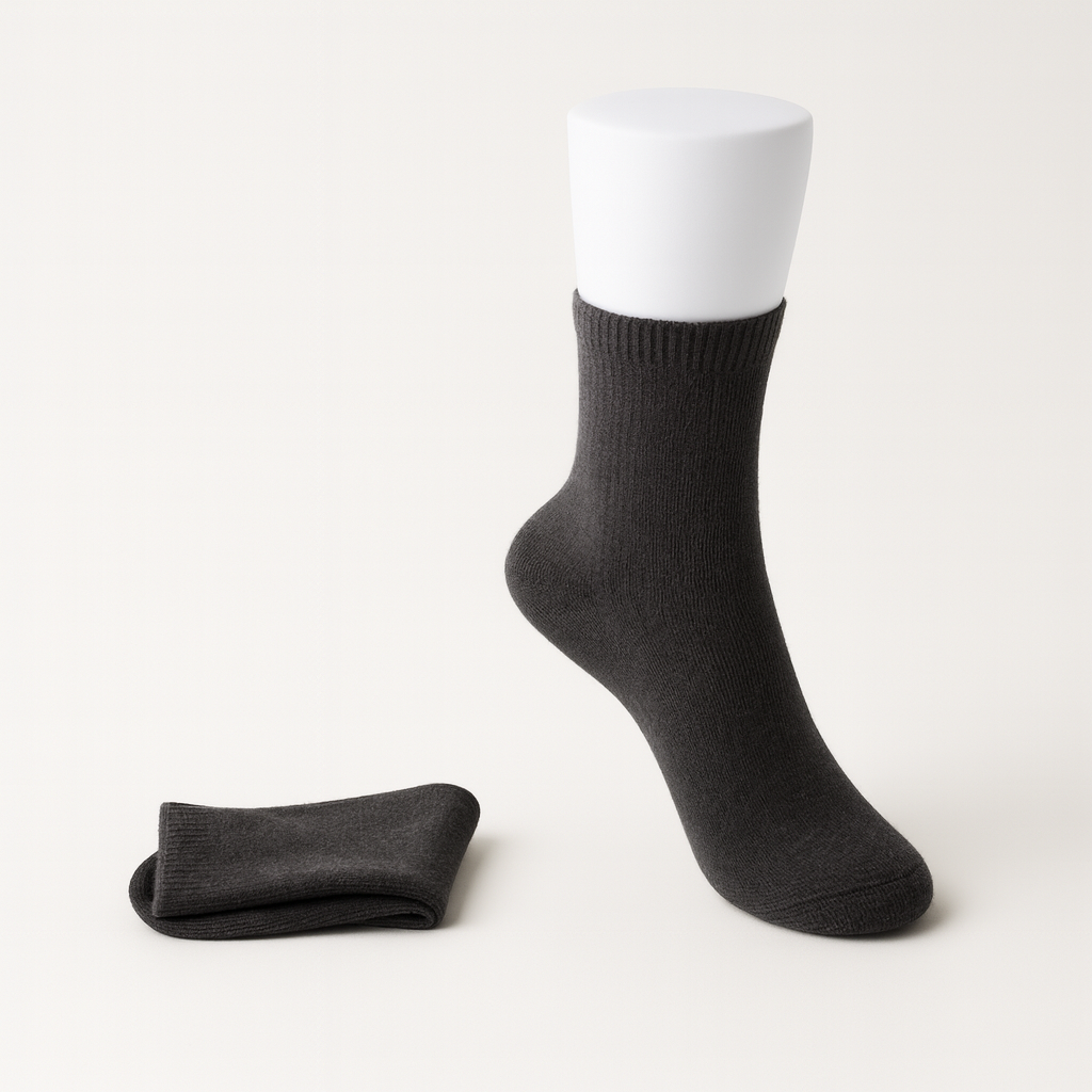 Dark charcoal women's cashmere comfort ankle socks displayed on a mannequin foot with a folded pair beside it.
