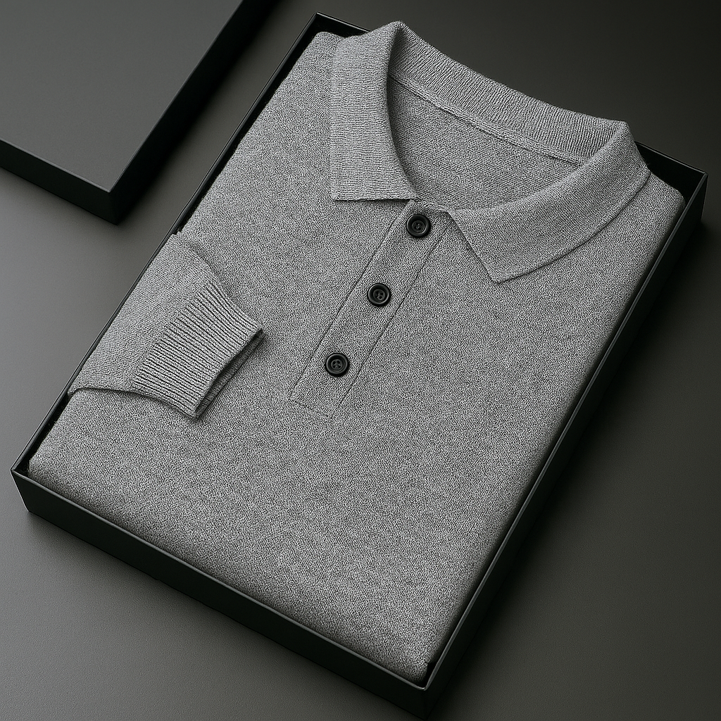 Grey merino wool long sleeve men's polo sweater with buttons, neatly folded in a black gift box.