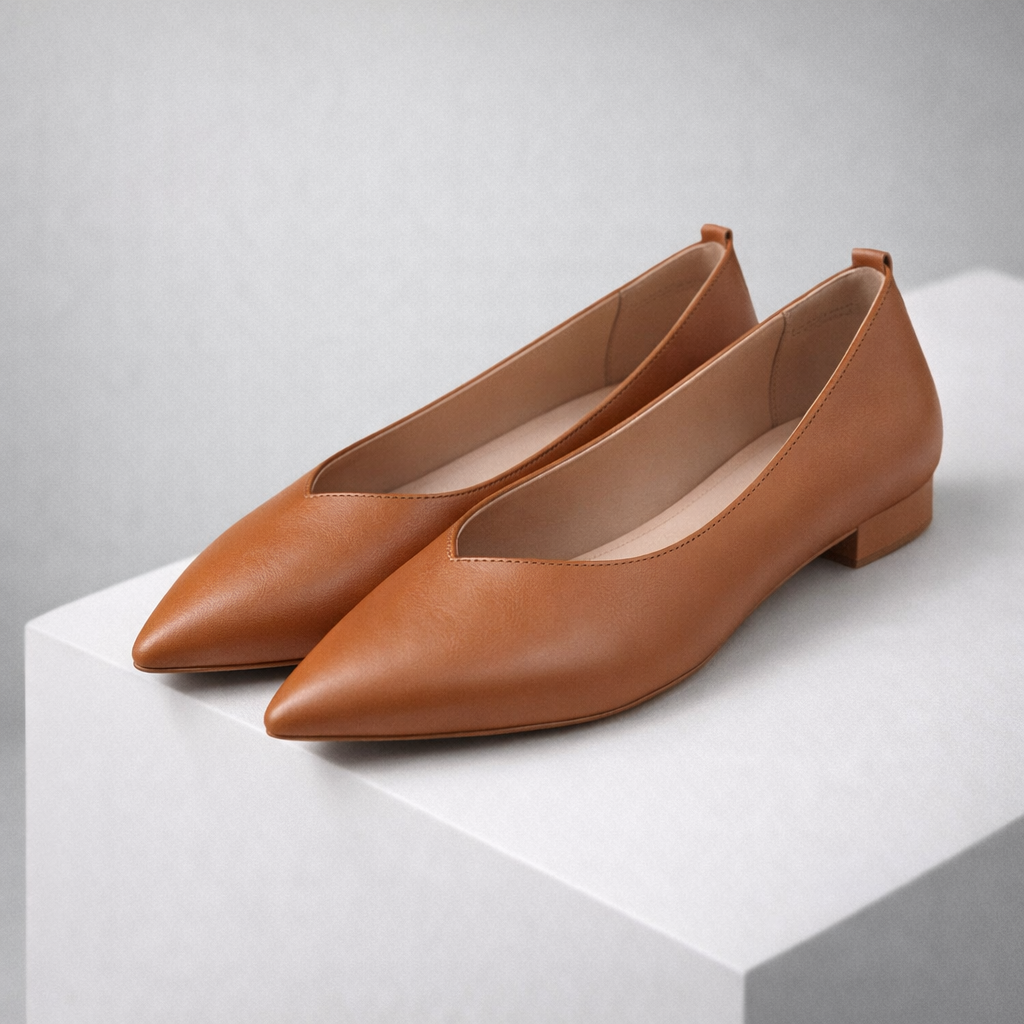 Women's tan Italian leather low block heel pointed toe flats orthopedic comfort pumps on white platform