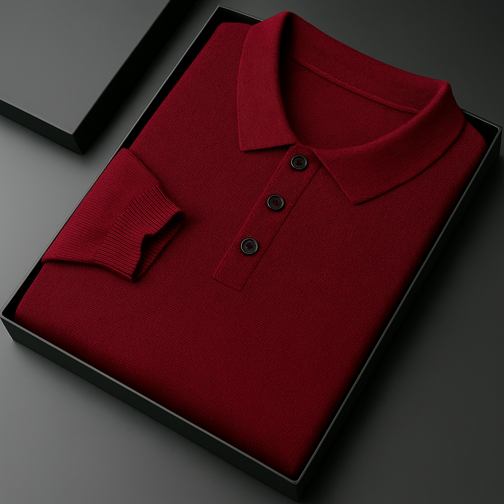 Folded crimson merino wool long sleeve men's polo sweater with dark buttons, displayed in a sleek black gift box.