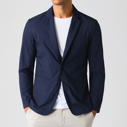 Navy blue nylon two-button blazer jacket for men with notch lapels and front pockets