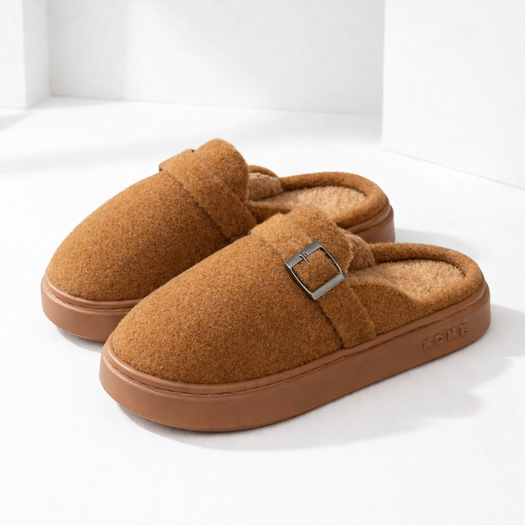 Tan brown plush cotton slip-on mule slippers with buckle detail and platform sole for women on white background