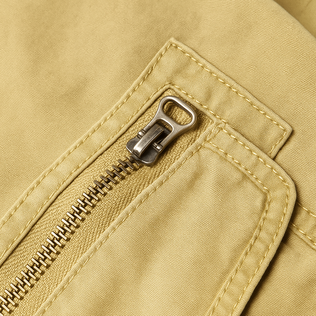 Close-up of Torino Slim-Fit Cotton Cargo Joggers in khaki yellow showing metal zipper detail and stitched pocket.